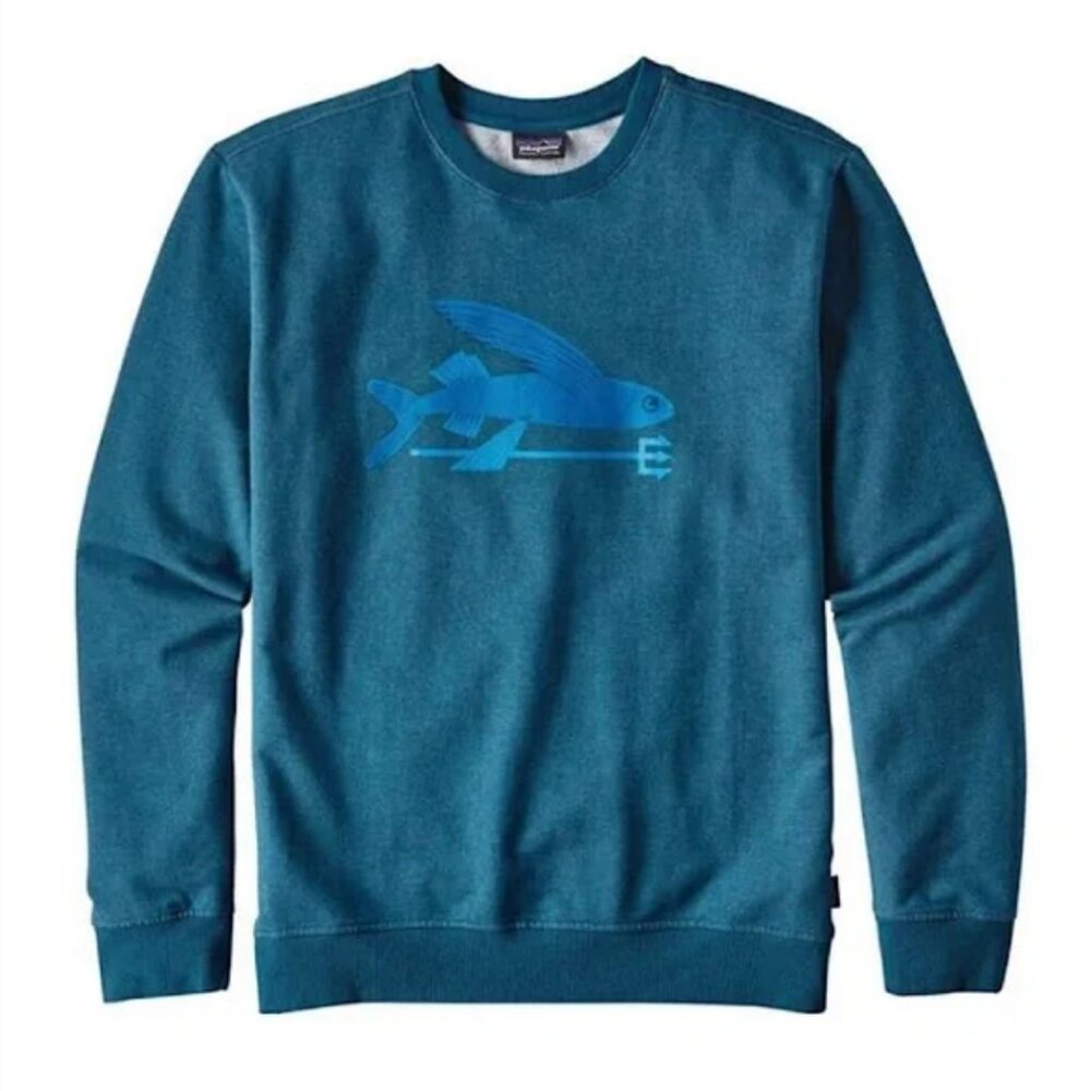 Patagonia Flying Fish Midweight Crew‎ Sweatshirt Organic Cotton Blue (Size XL)